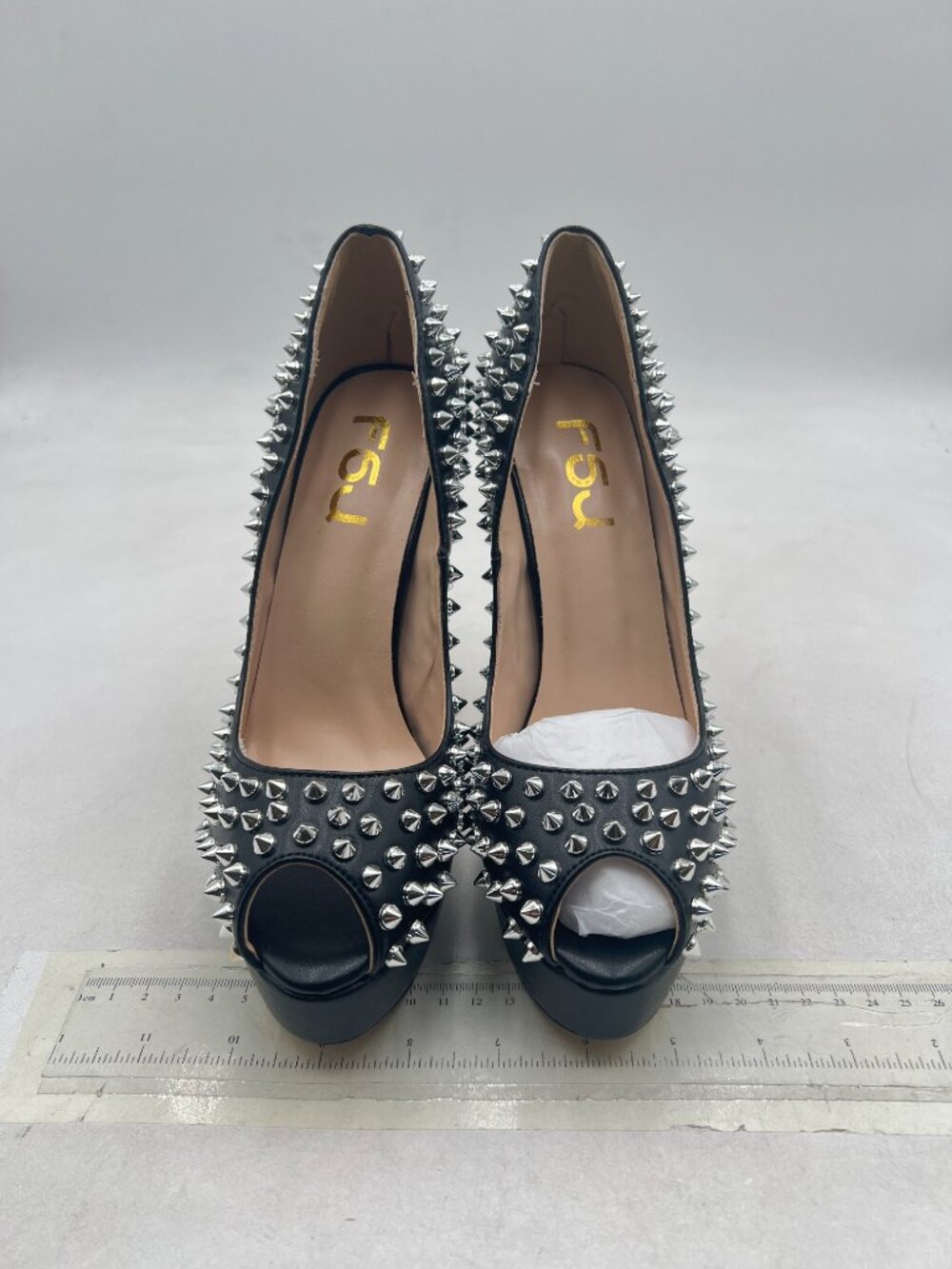 FSJ Black Silver Rivets Platform Heel Peep Toe High Stiletto Heel Slip On Pumps - Picture 3 of 8